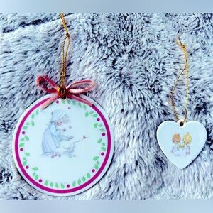 Set of 2 Enesco Precious Moments Vintage 1990 Flat Porcelain Christmas Ornaments